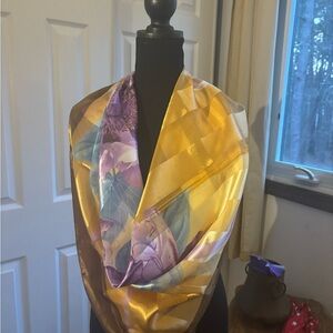 Silky Gold & Purple Floral hand painted Scarf 40” x 40”
